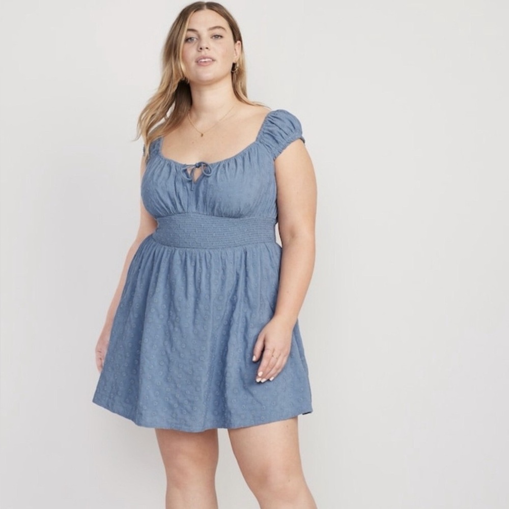 Old Navy Cotton Blend Eyelet Waist-Defined Smocked‎ Mini Dress Blue Size XL NWT